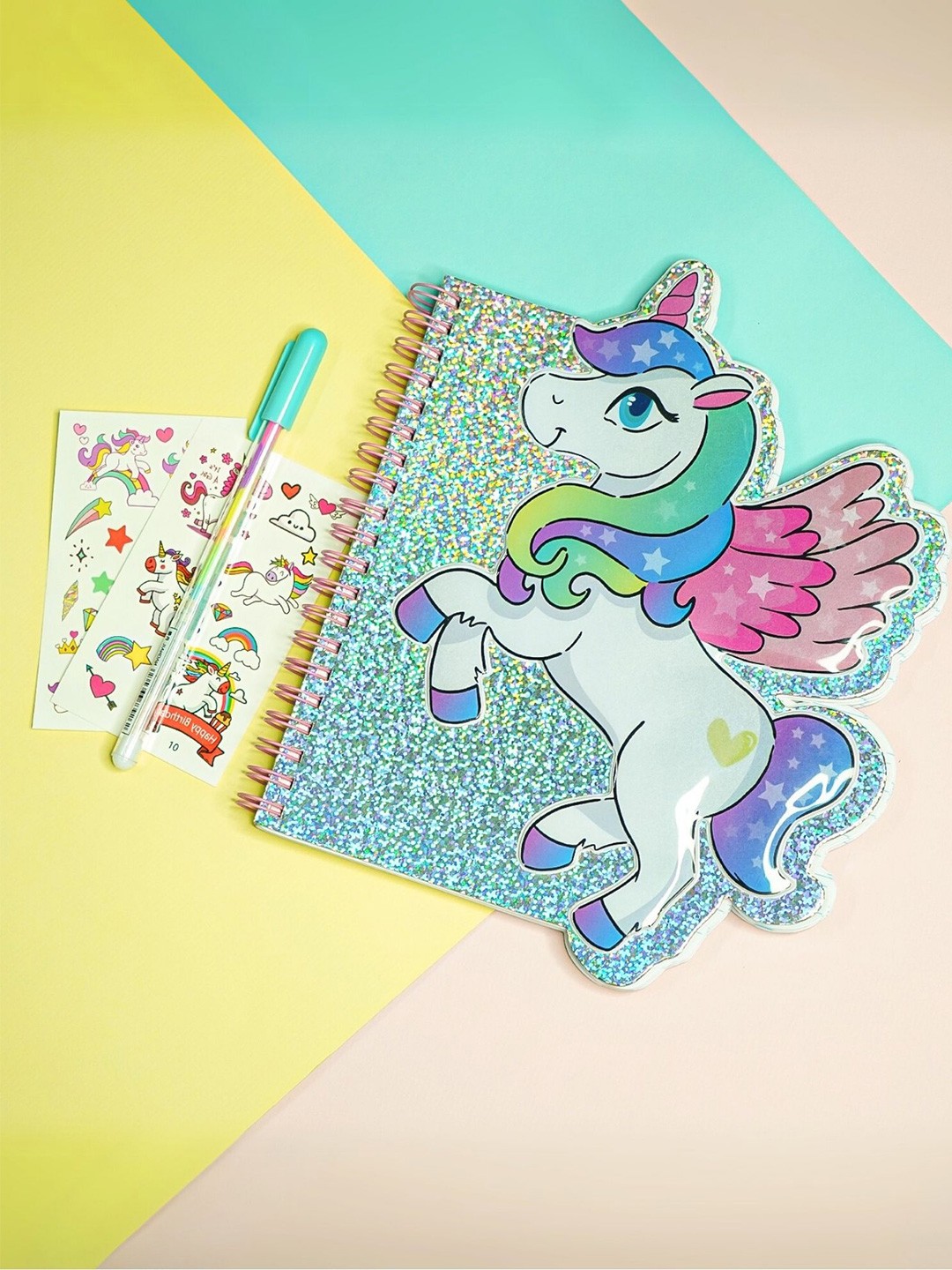 

Tinker Squad Girls 3 Pcs Unicorn Sparkling Diary Notebook Set With Pen Stickers, Purple