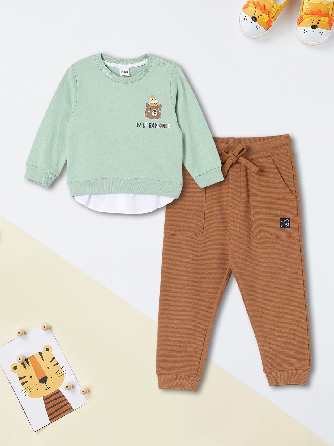

max Boys Round Neck Long Sleeves Pure Cotton Sweatshirt With Jogger, Green