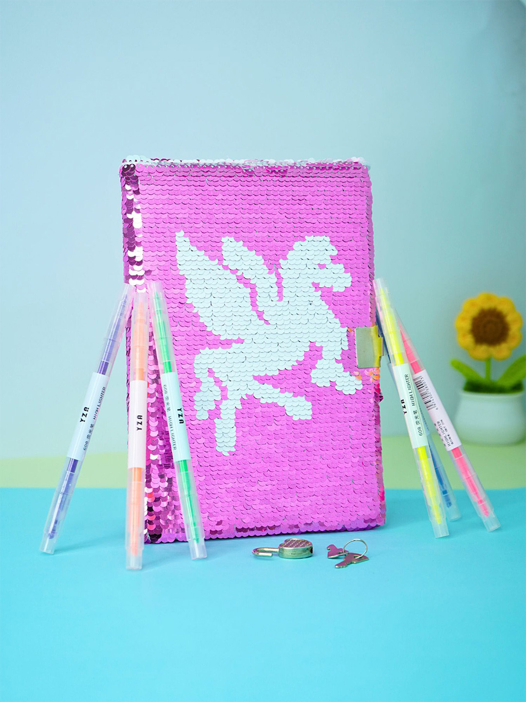 

Tinker Squad Girls 6 pcs Unicorn Sequence Lock Diary Set with Highlighter Pens Stationery, Pink