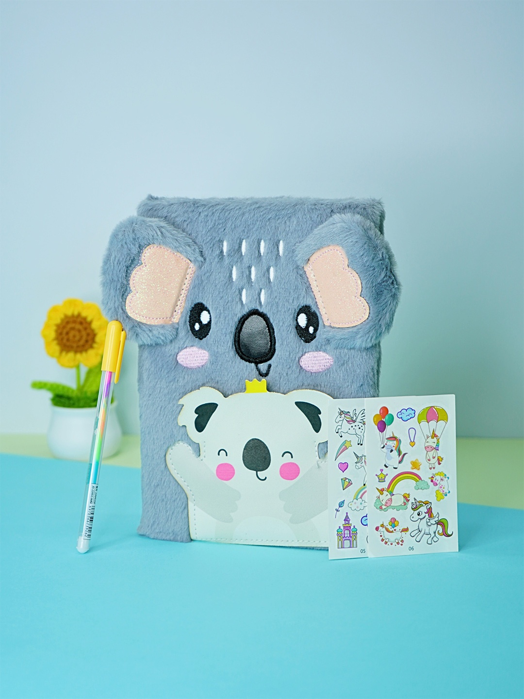 

Tinker Squad Koala Plush Cover Kids Dairy Notebook with Pen Stickers Stationery, Grey