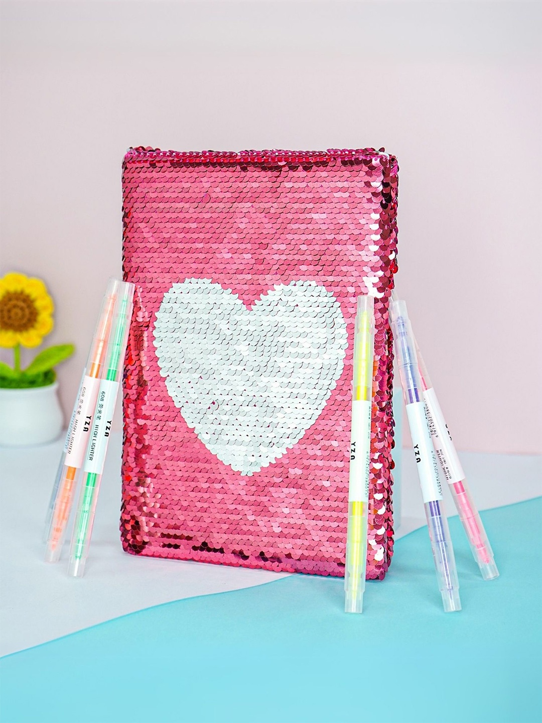 

Tinker Squad Sequence Heart Diary Notebook Set with 6 pcs Highlighter Pens Stationery, Pink