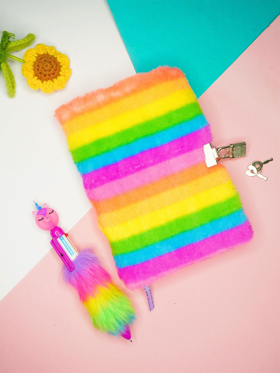 

Tinker Squad Kids Unicorn Plush Cover Lock Dairy Notebook with Multicolor Pen Stationery, Yellow