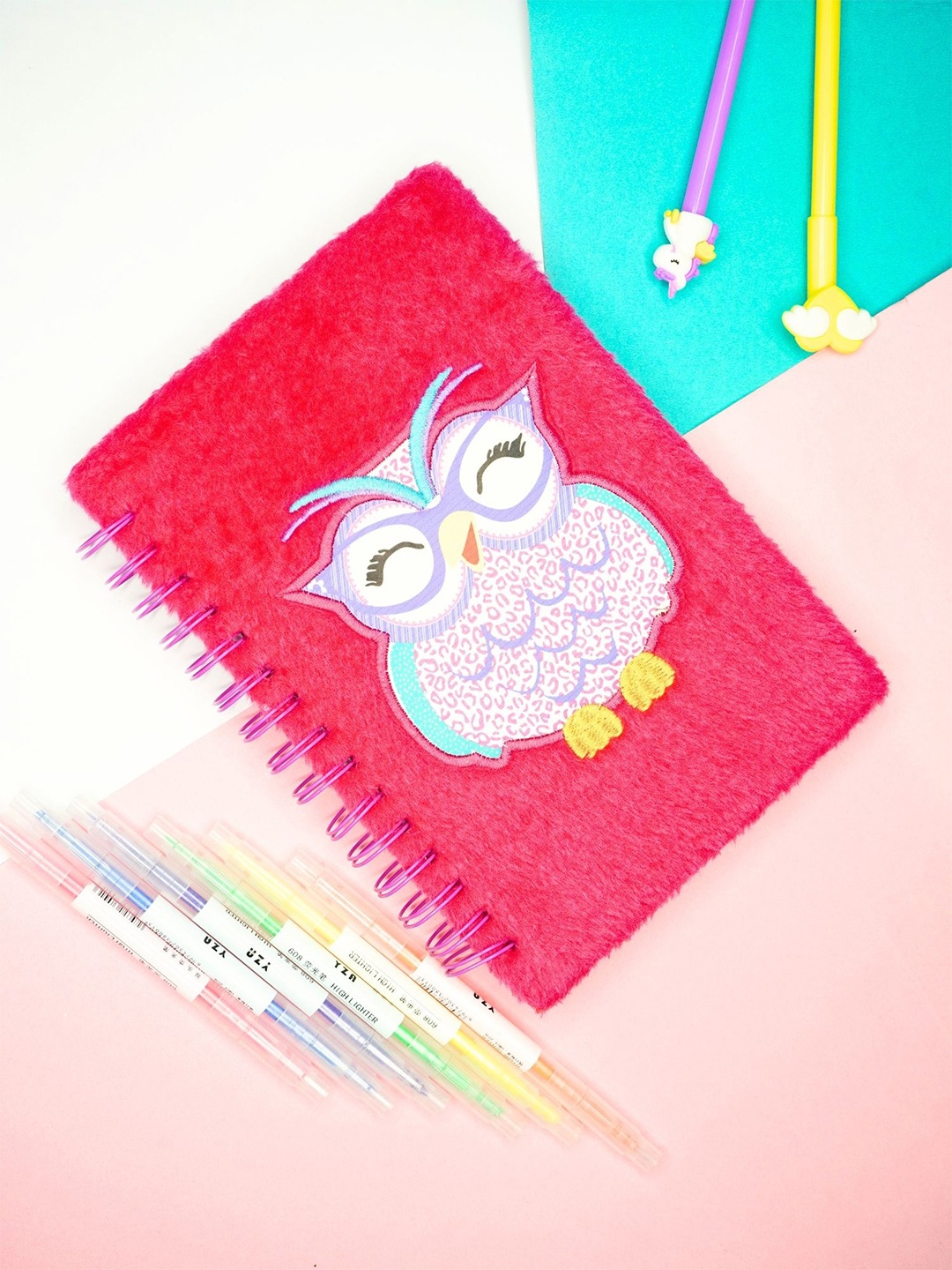 

Tinker Squad Plush Cover Spiral Dairy Notebook Set with 6 Pcs Highlighter Pens Stationery, Pink