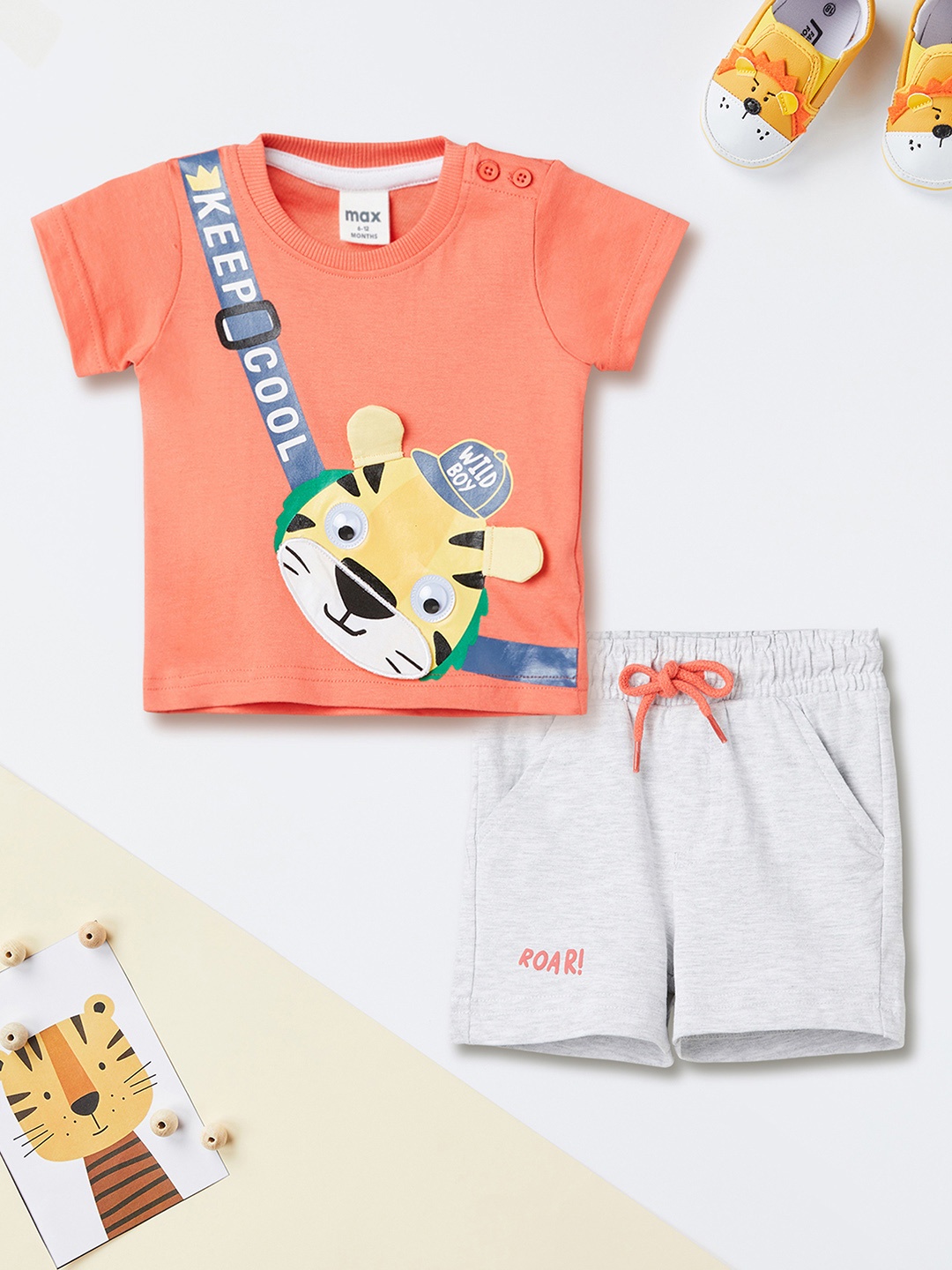 

max Boys Printed Round Neck Short Sleeves Pure Cotton T-shirt With Shorts, Orange