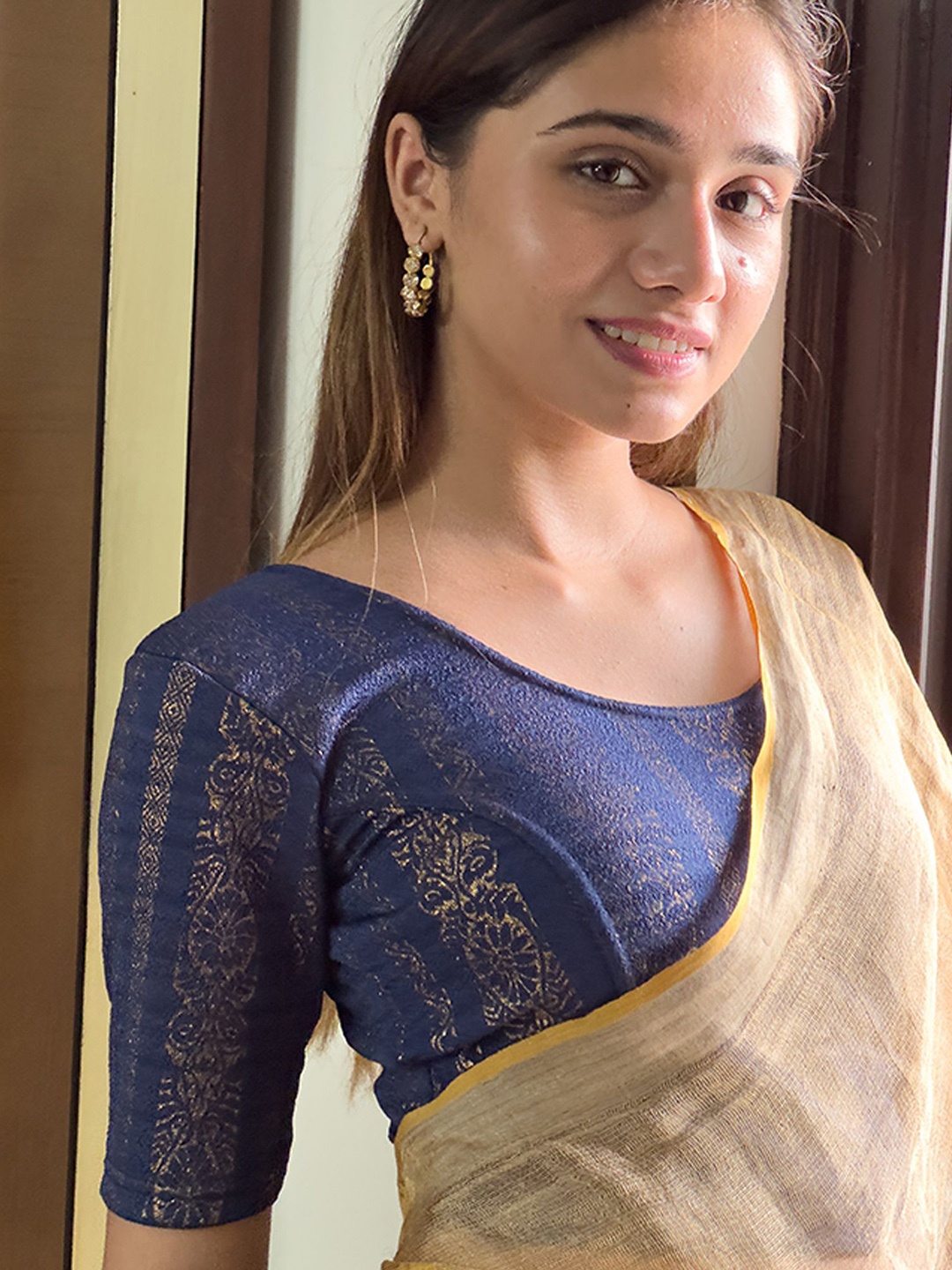 Bindigasm's Advi Women Woven Design Stretchable Saree Blouse, Navy blue
