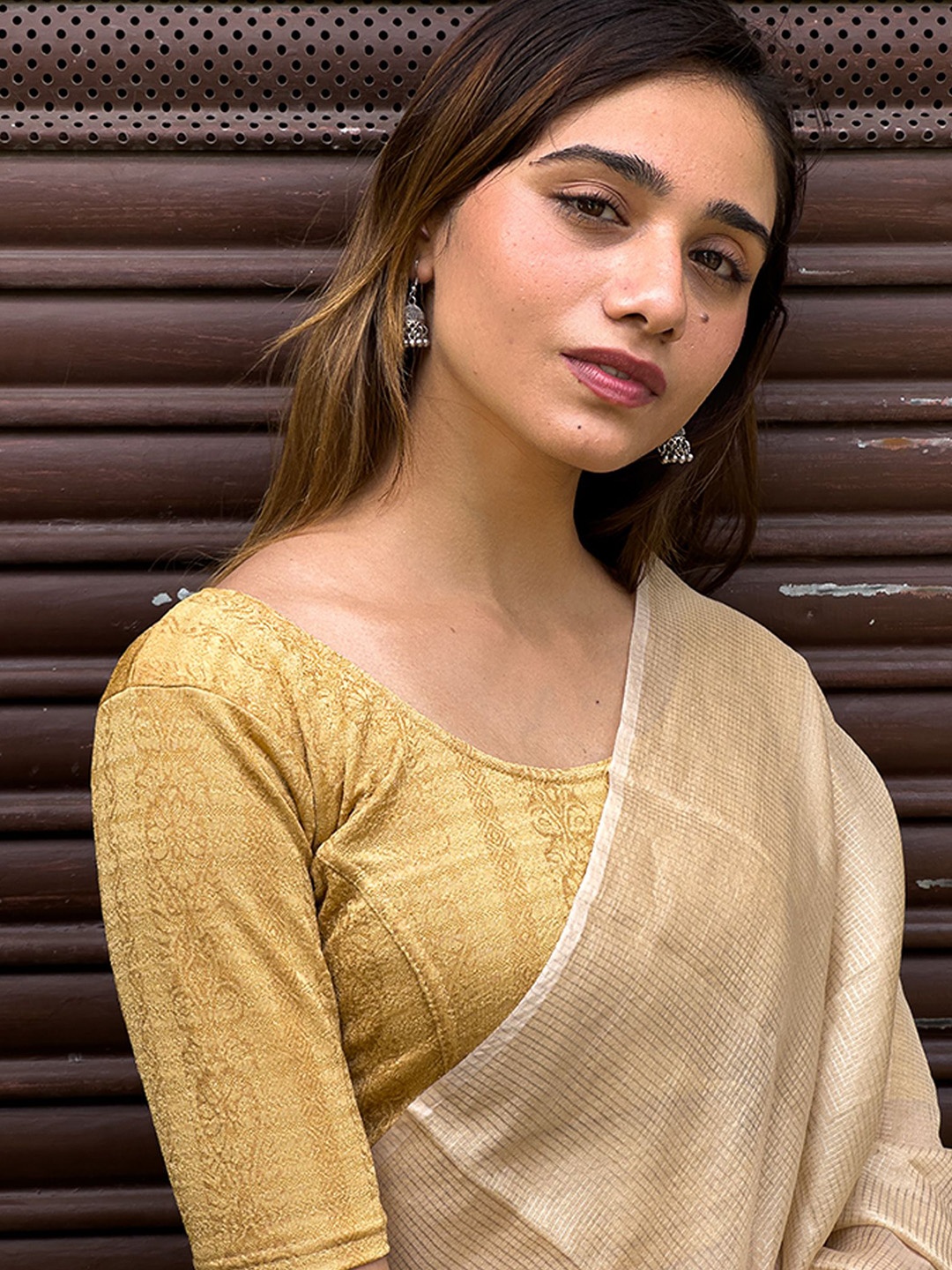 Bindigasm's Advi Woven Design Stretchable Saree Blouse, Beige