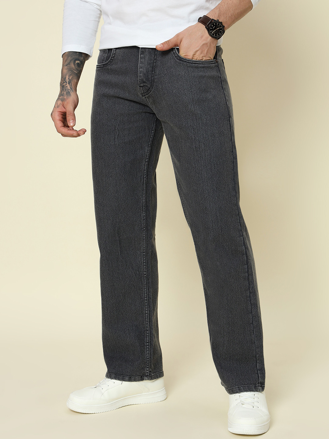 

DENIMLOOK Men Mid-Rise Relaxed Fit Stretchable Jeans, Grey