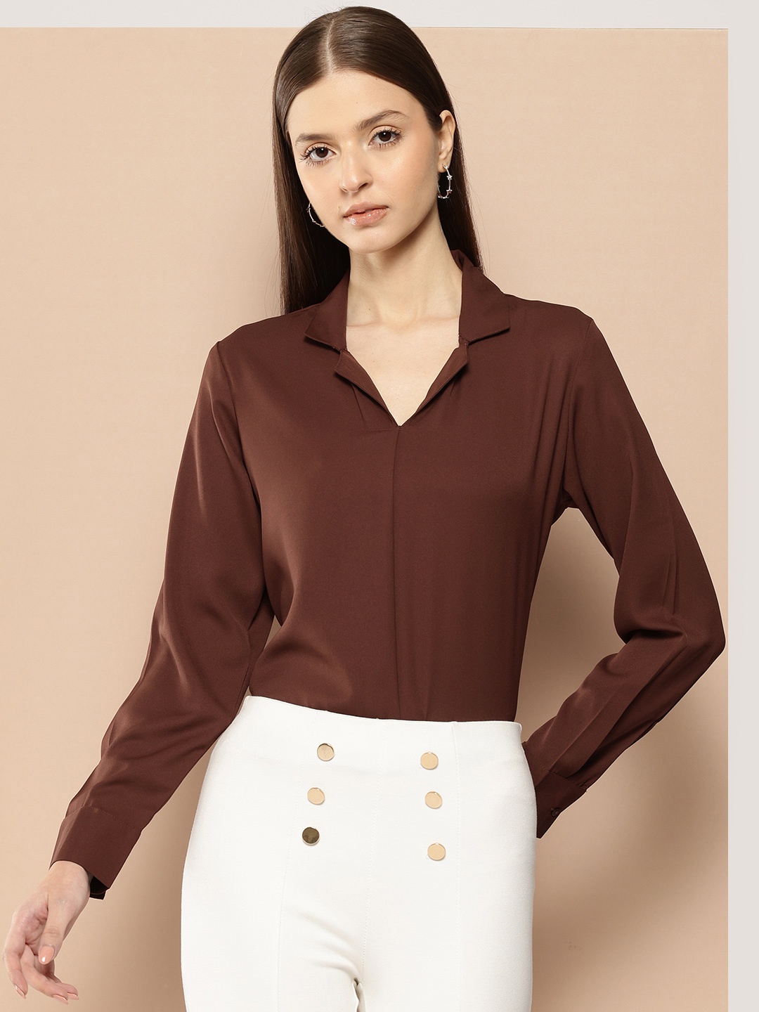 

her by invictus Solid Cuban Collar Formal Top, Coffee brown