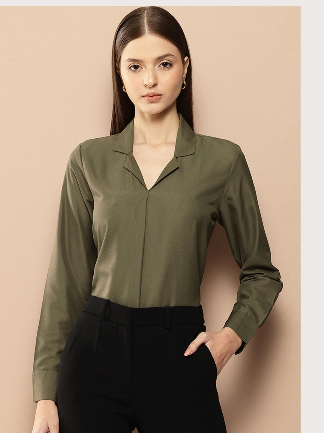 

her by invictus Solid Cuban Collar Formal Top, Olive