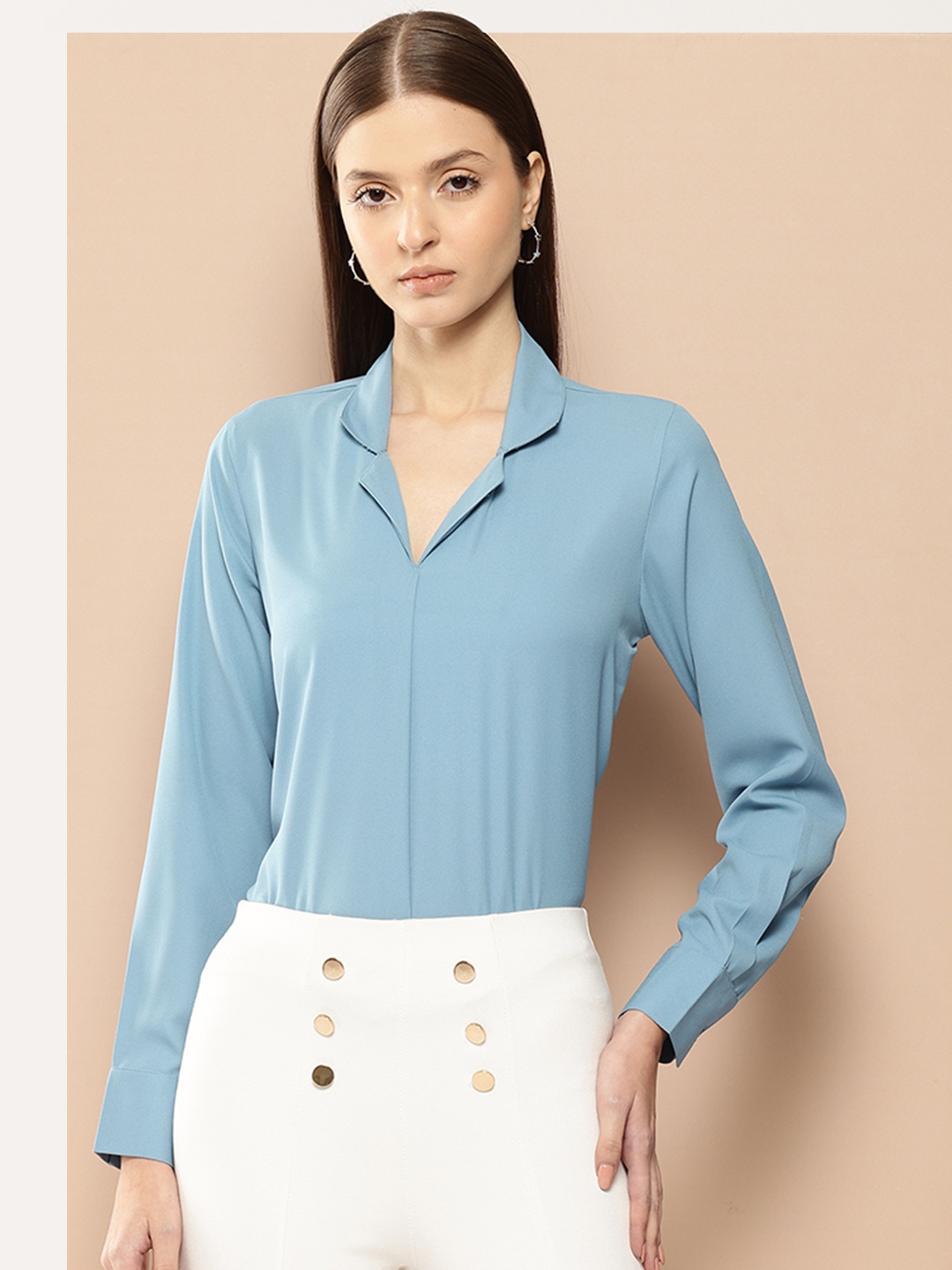 

her by invictus Solid Cuban Collar Formal Top, Blue