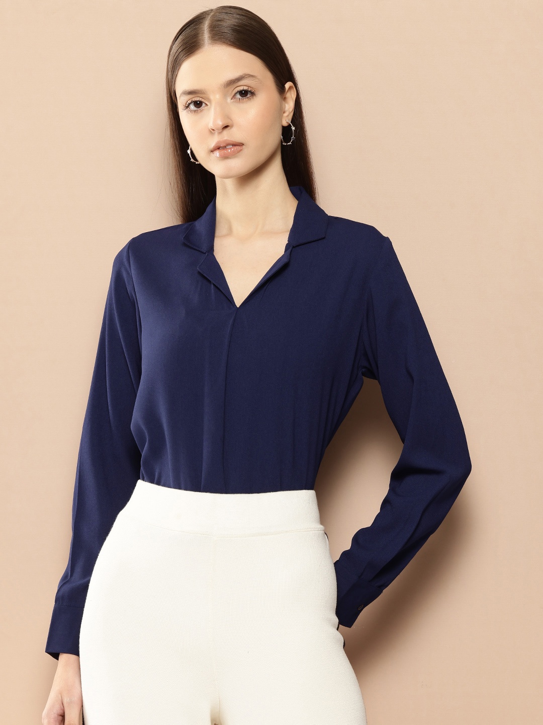 

her by invictus Solid Cuban Collar Formal Top, Navy blue