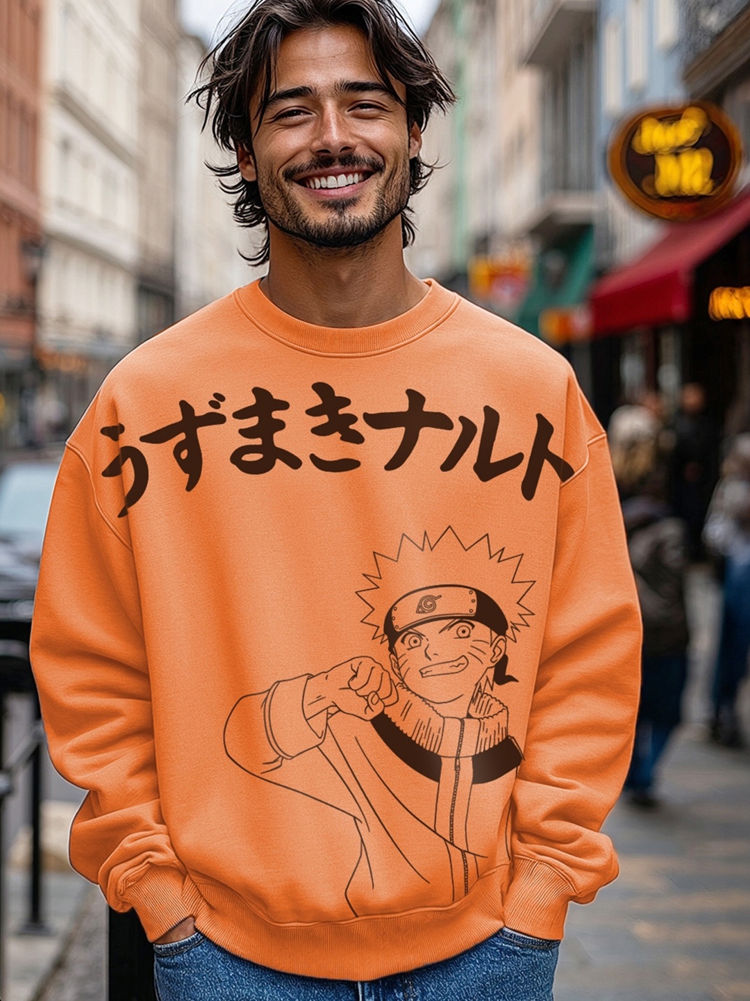 

Bewakoof Men Official Naruto Merchandise Printed Oversized Sweatshirt, Orange