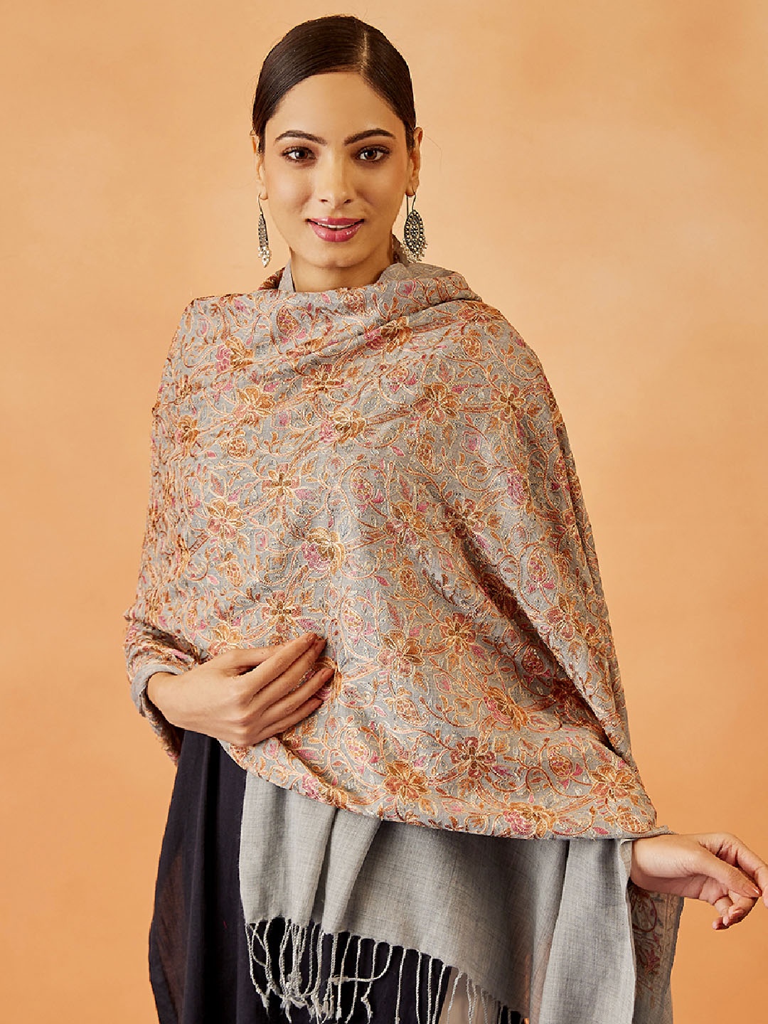 

Pashmoda Women Embroidered Wool Winter Stole, Grey