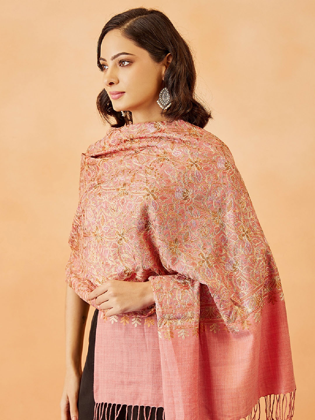 

Pashmoda Women Embroidered Stole With Tasselled Border, Pink