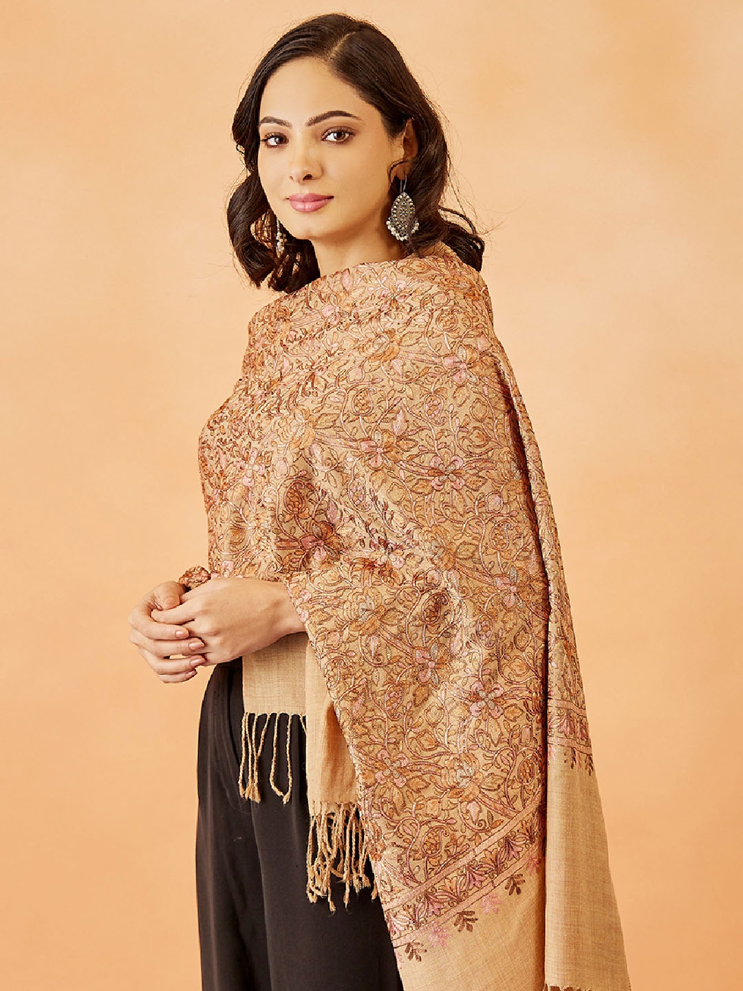 

Pashmoda Women Woven Design Shawl, Beige