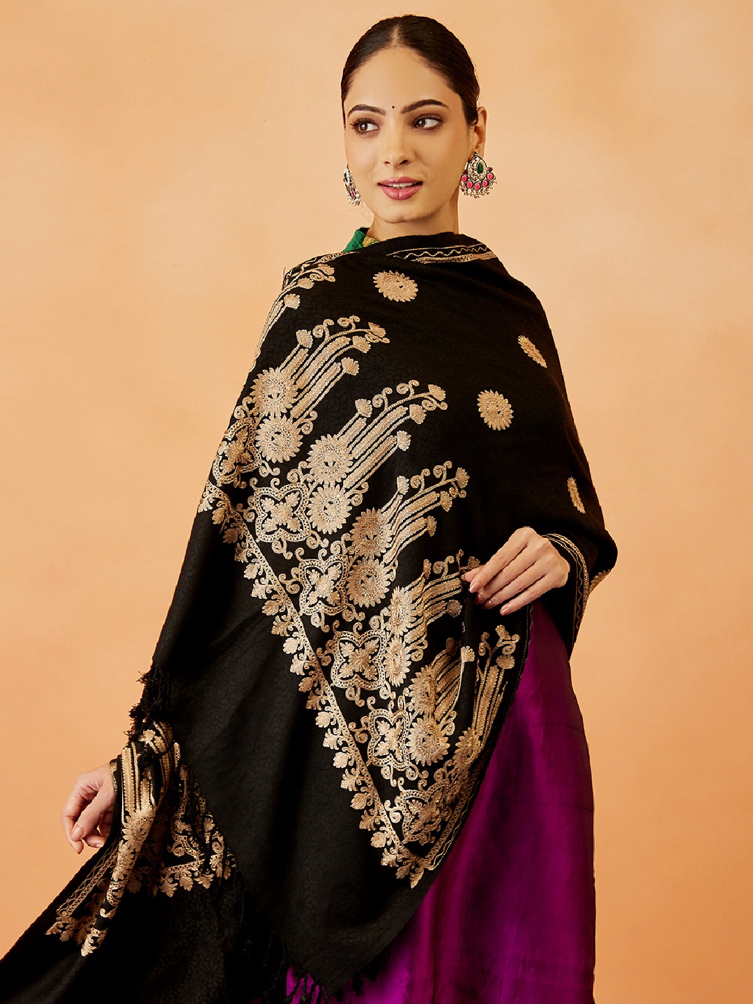 

Pashmoda Women Floral Embroidered Shawl, Black