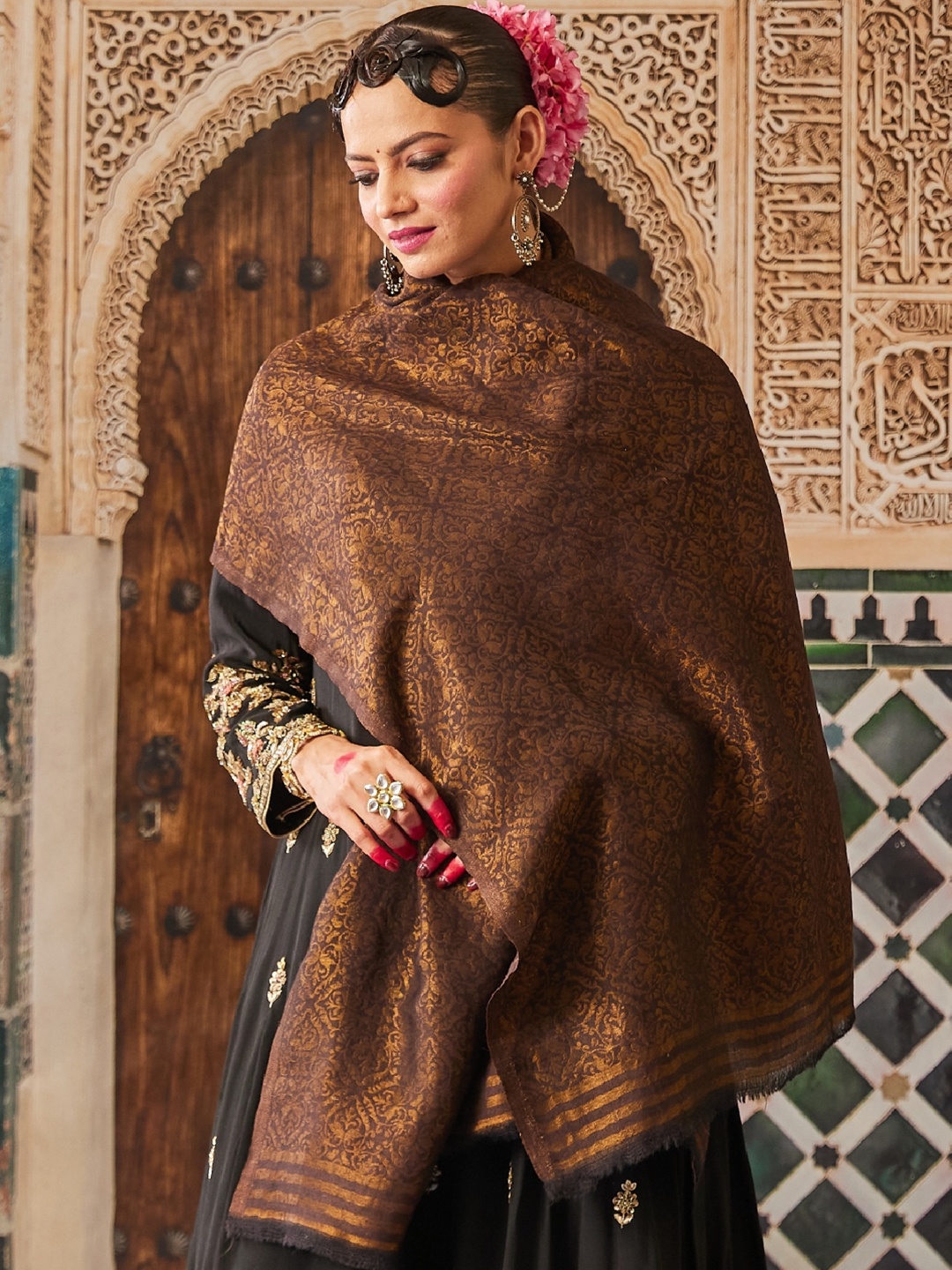 

Pashmoda Women Floral Woven Design Reversible Shawl, Copper
