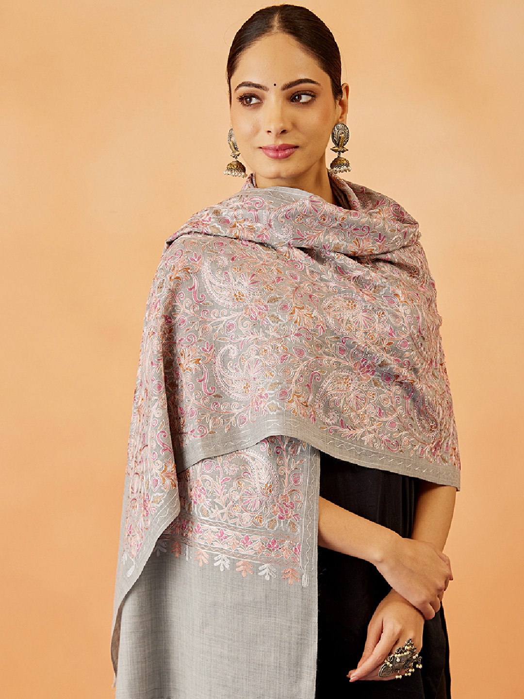 

Pashmoda Women Embroidered Stole, Grey