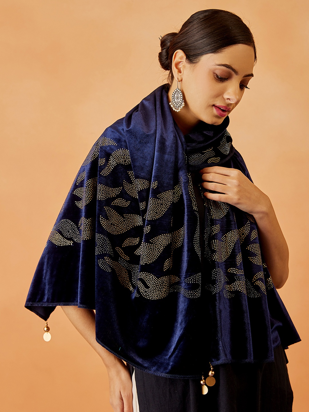 

Pashmoda Ethnic Motifs Crystal Work Velvet Shawl, Navy blue