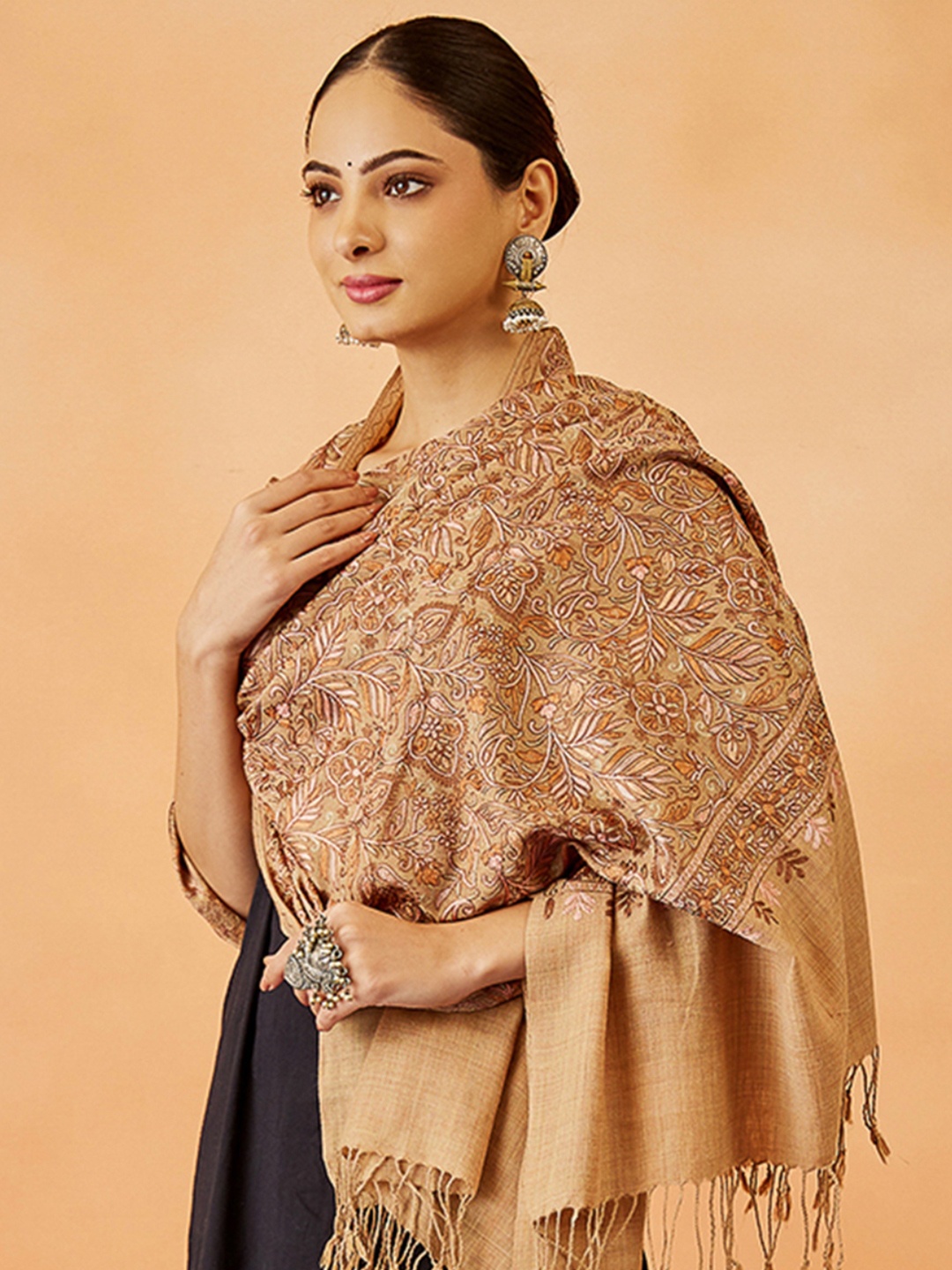 

Pashmoda Women Floral Embroidered Tasselled Shawl, Beige