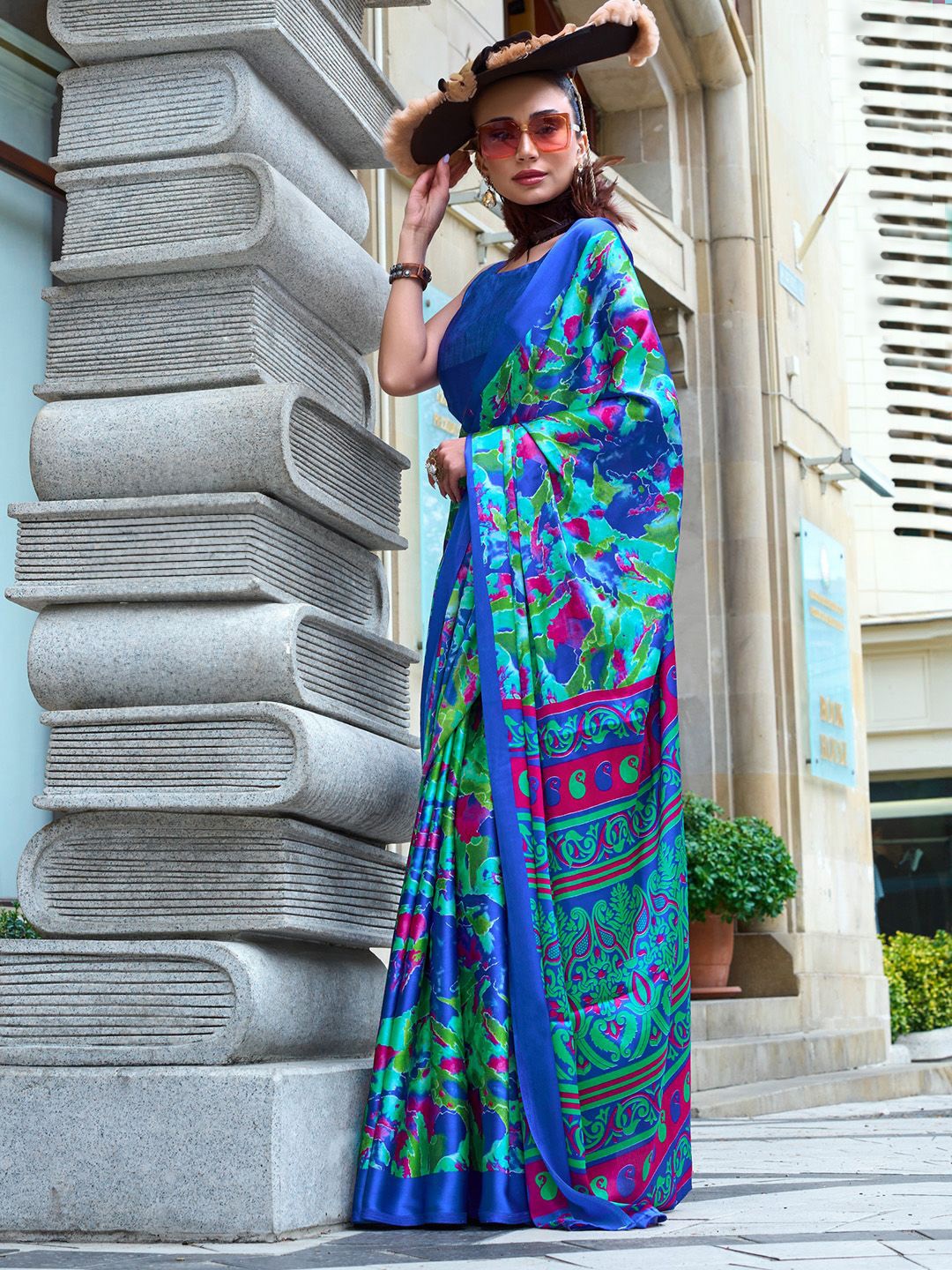 

Ishin Floral Printed Satin Saree, Blue