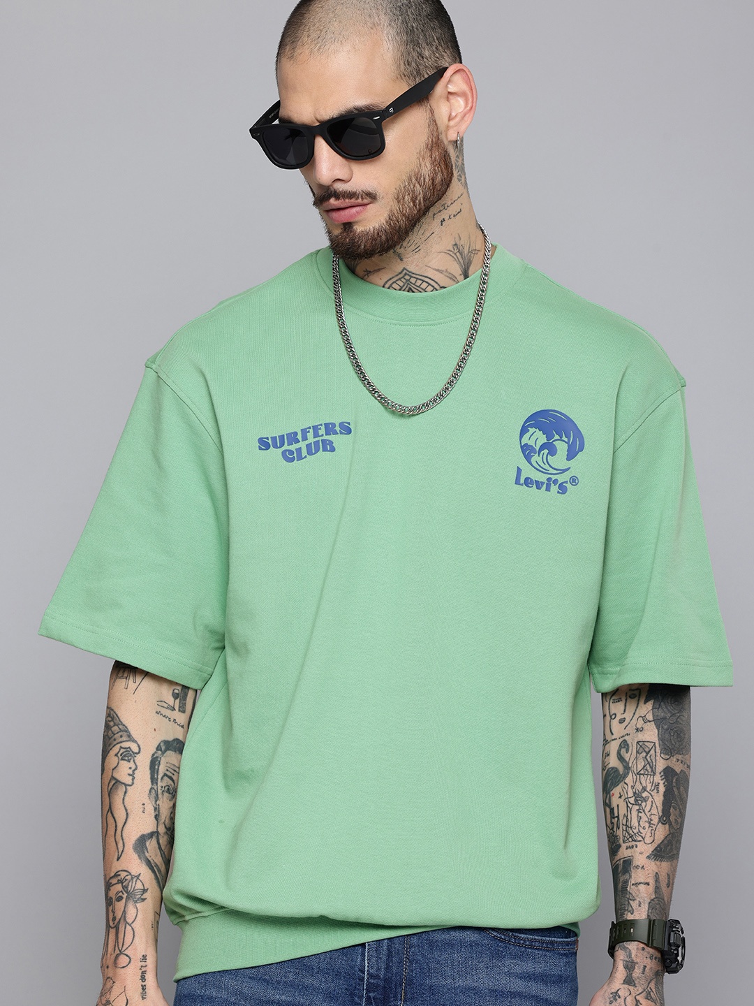 

Levis Printed Drop-Shoulder Sleeves Pure Cotton Relaxed Fit T-shirt, Green