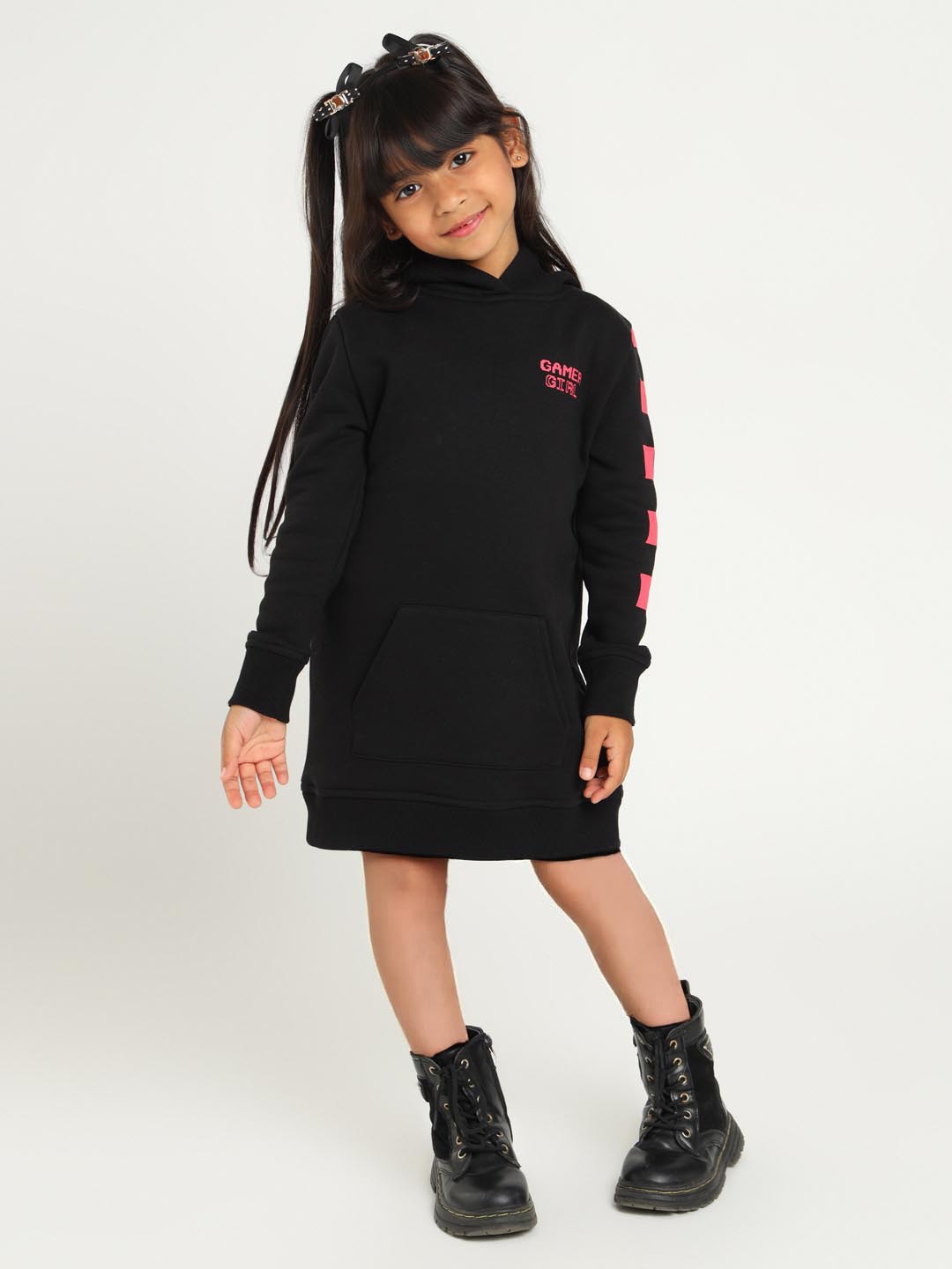 

Somersault Girls Printed Hooded Long Sleeves T-shirt Dress, Black