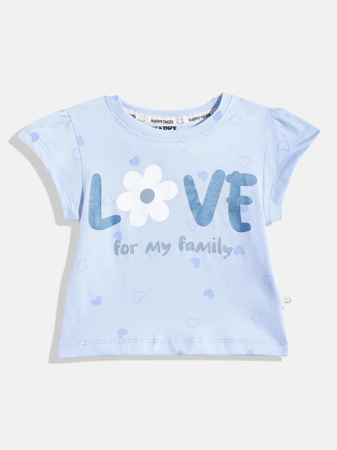 

Happy Faces Girls Typography & Conversational Printed Pure Cotton T-shirt, Blue