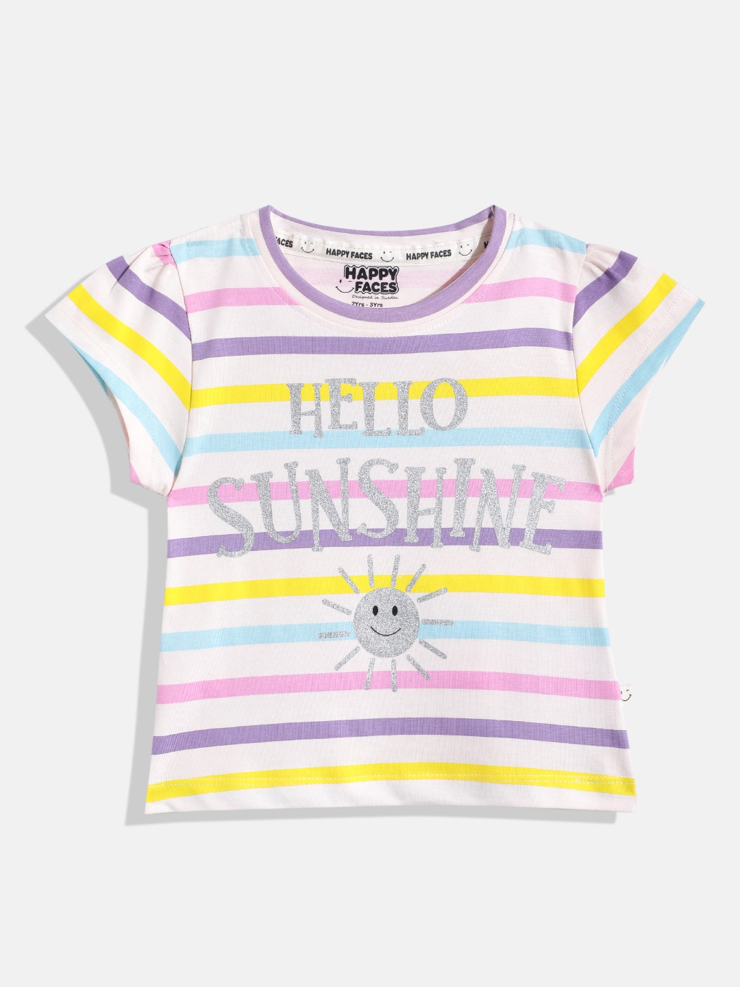 

Happy Faces Girls Striped & Typography Printed Pure Cotton T-shirt, Pink