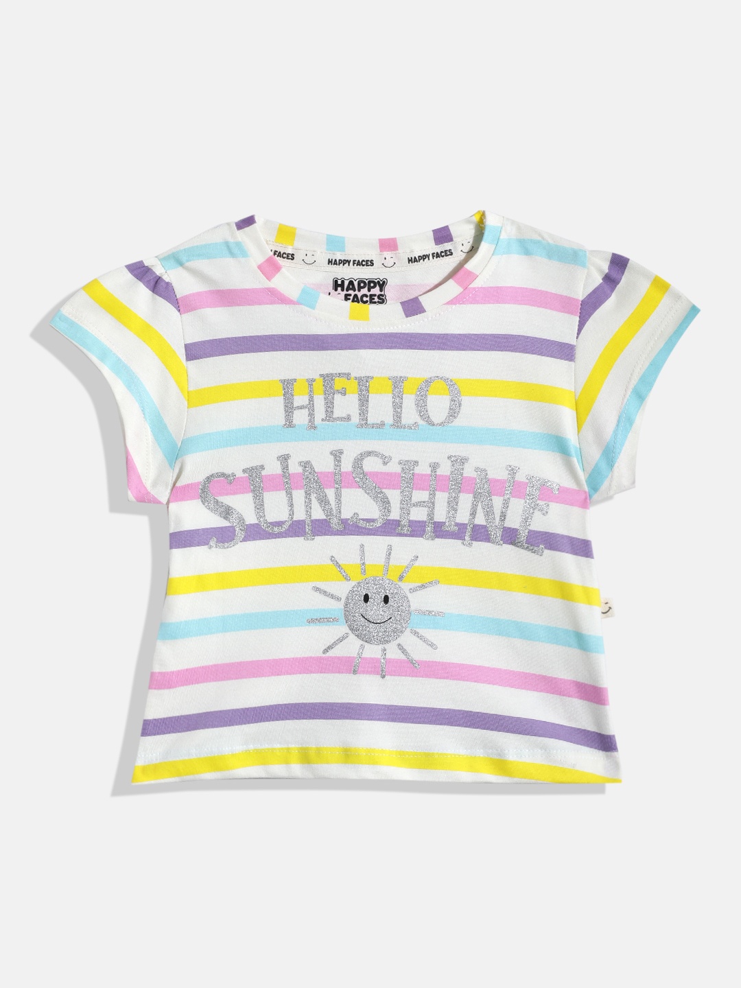 

Happy Faces Girls Striped & Typography Printed Pure Cotton T-shirt, Cream