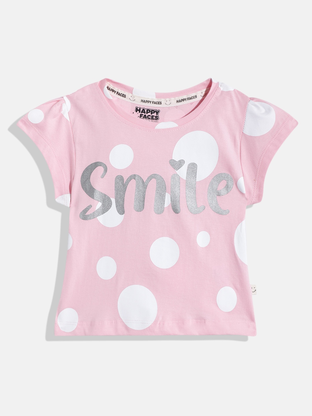 

Happy Faces Girls Polka Dots & Typography Printed Pure Cotton T-shirt, Pink