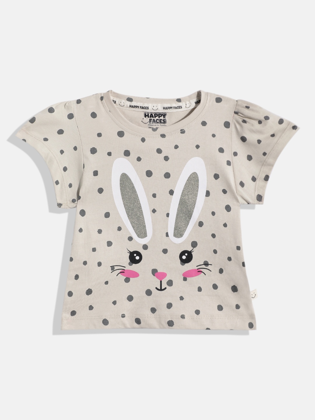 

Happy Faces Girls Abstract & Bunny Face Printed Pure Cotton T-shirt, Beige
