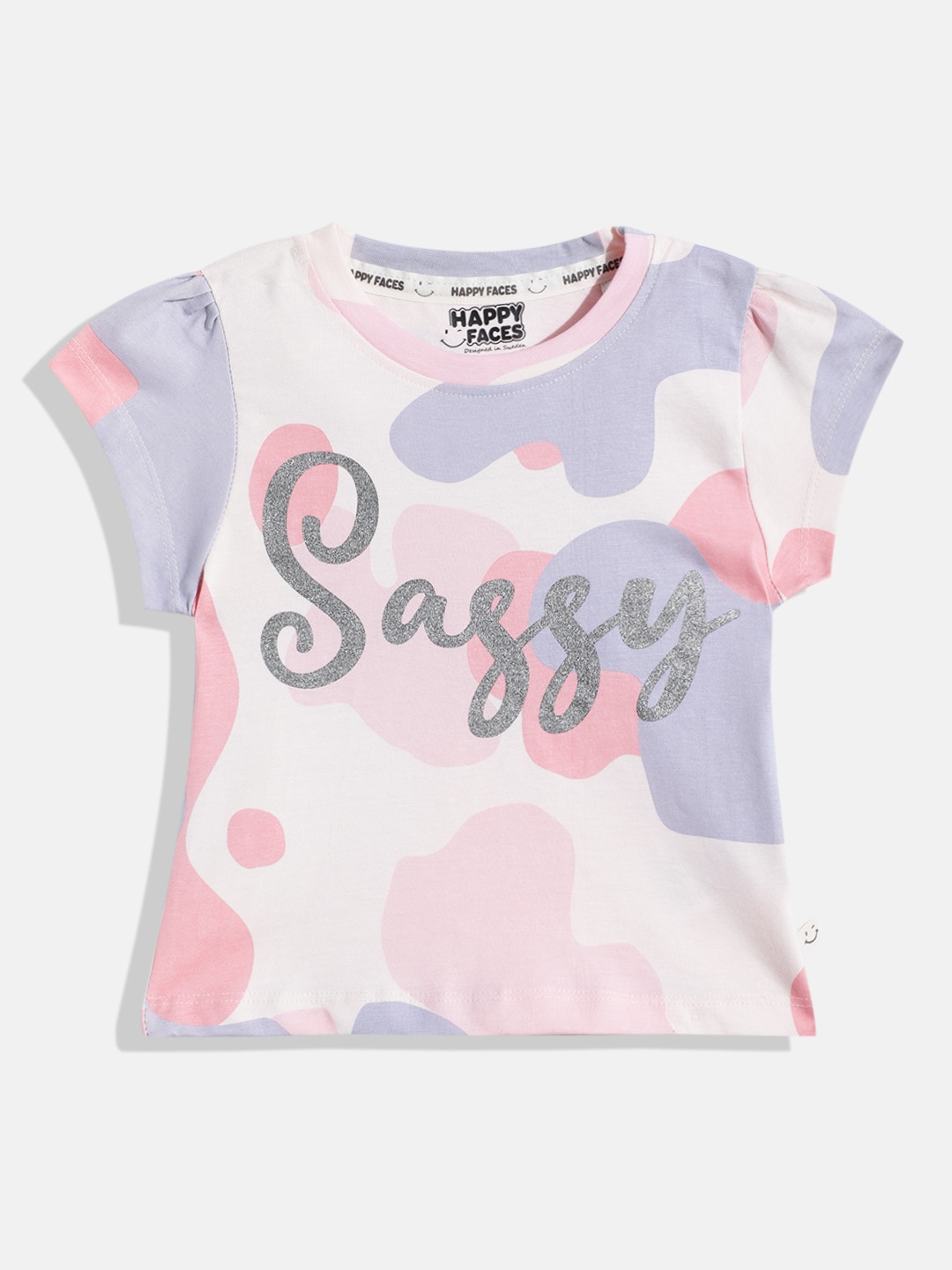 

Happy Faces Girls Abstract & Typography Printed Pure Cotton T-shirt, Peach