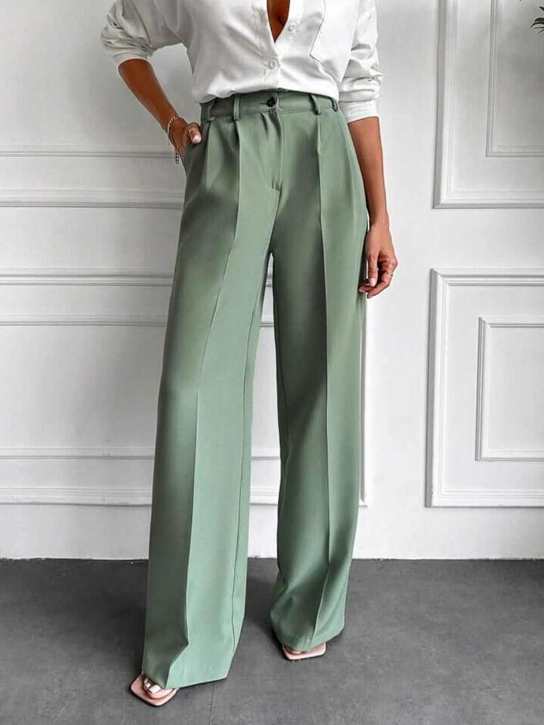 

Next One Women Smart Loose Fit High-Rise Pleated Trousers, Green