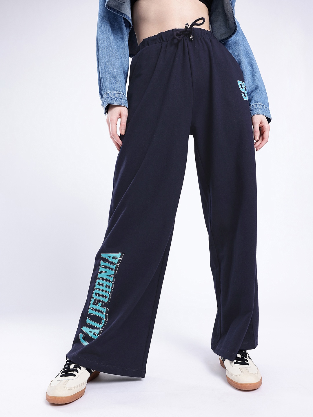 

glitchez Women Downtown Dope Printed Wide Leg Trousers, Navy blue