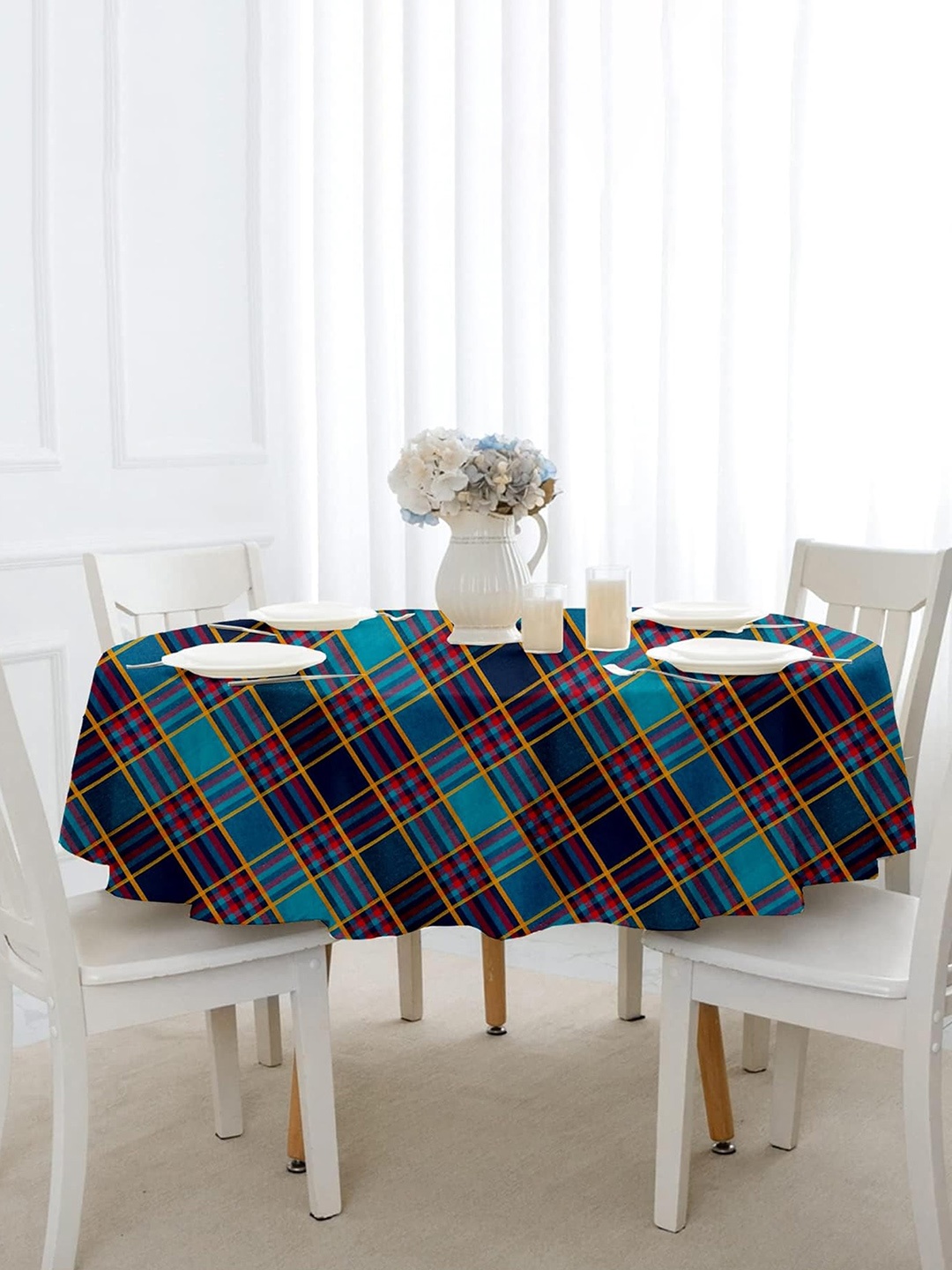 

Lushomes Blue Geometric Printed Cotton Round 6-Seater Table Cover