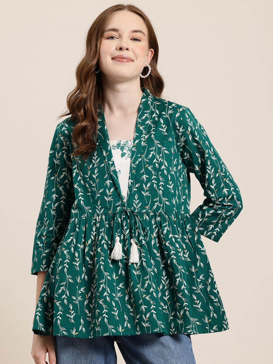 

HERE&NOW Floral Printed Square Neck Pure Cotton Empire Kurti, Green