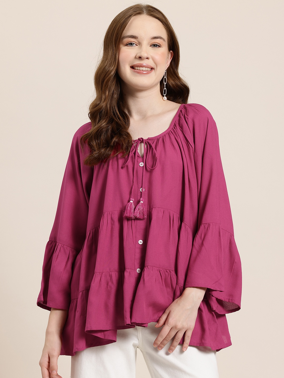 

HERE&NOW Pleated Bell Sleeves Kurti, Purple