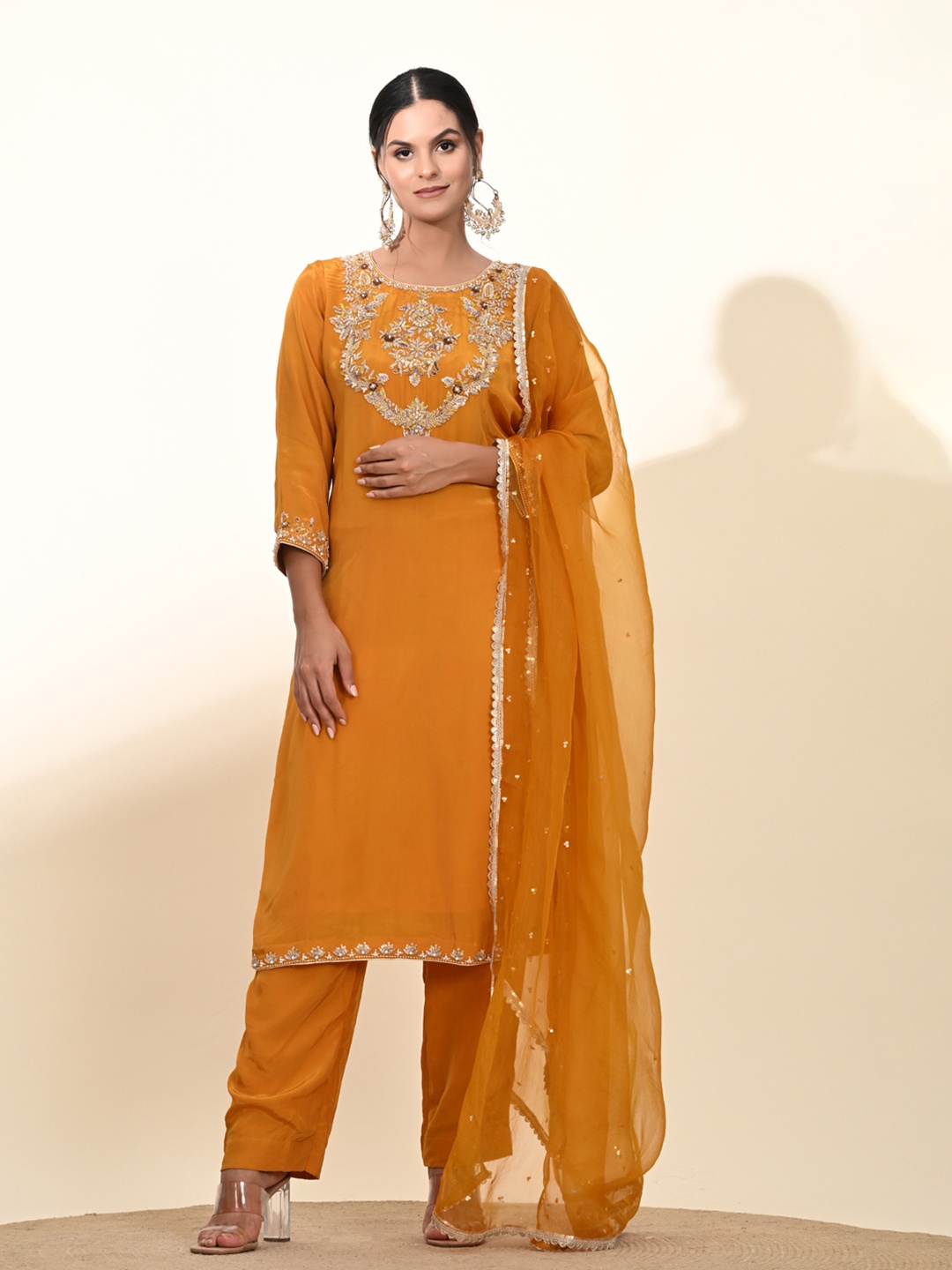 

ZARIKALI Women Ethnic Motifs Embroidered Regular Crepe Kurta with Trousers & With Dupatta, Yellow