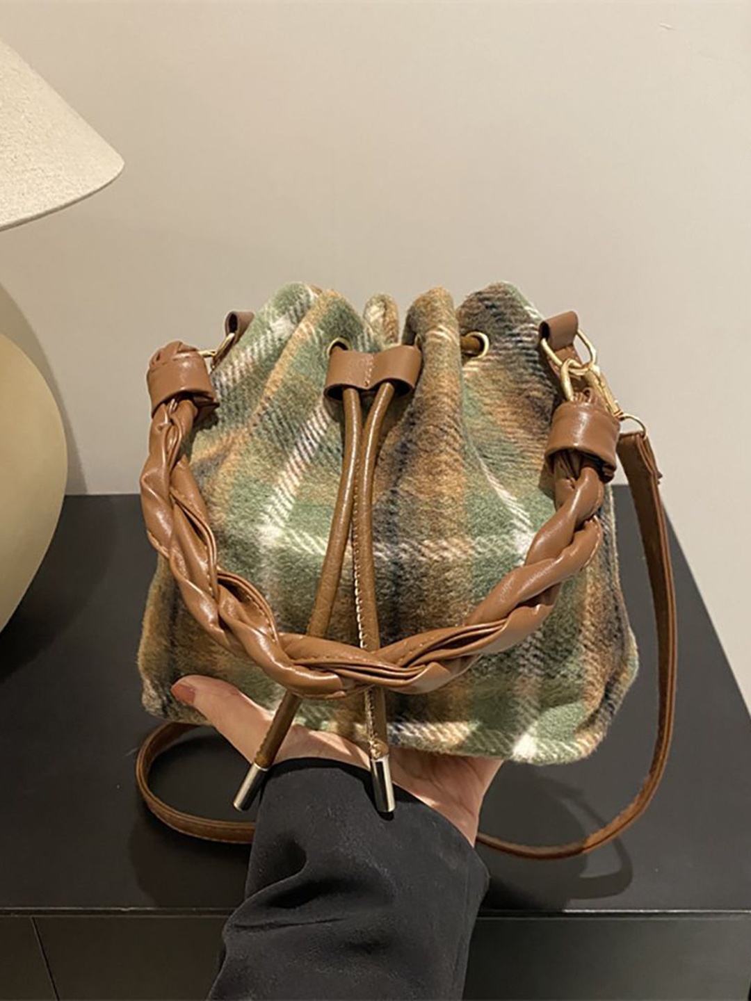 

StyleCast x Revolte Checked Swagger Sling Bag with Applique, Green