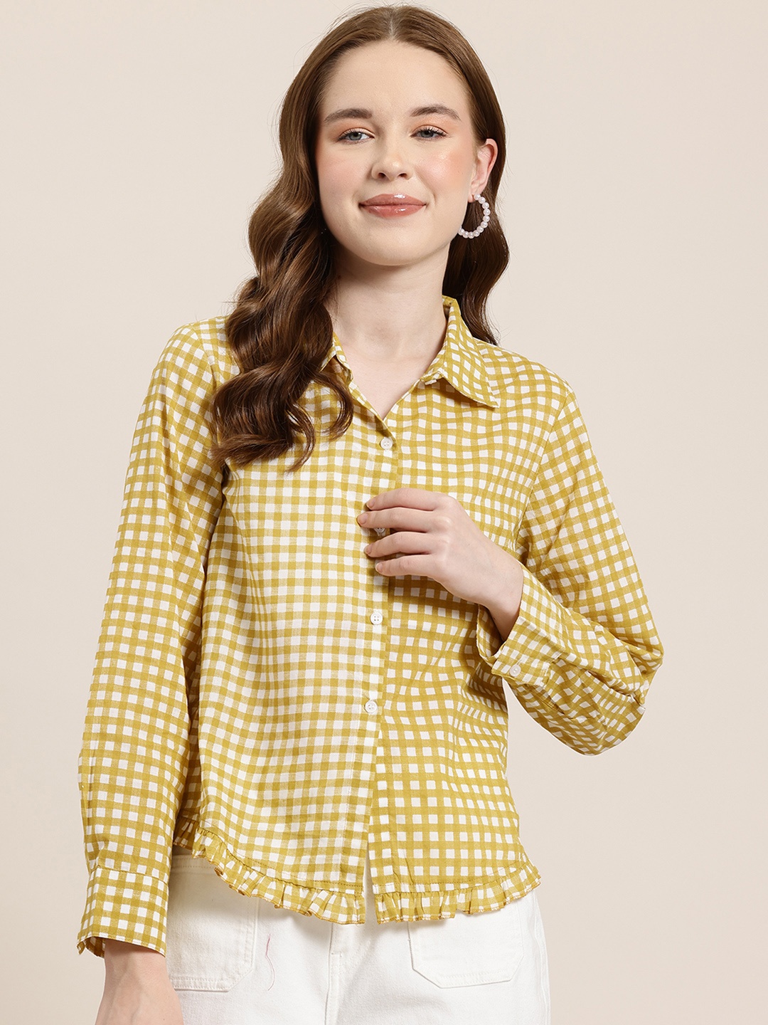 

HERE&NOW Checked Ruffles Cotton Shirt Style Crop Top, Mustard