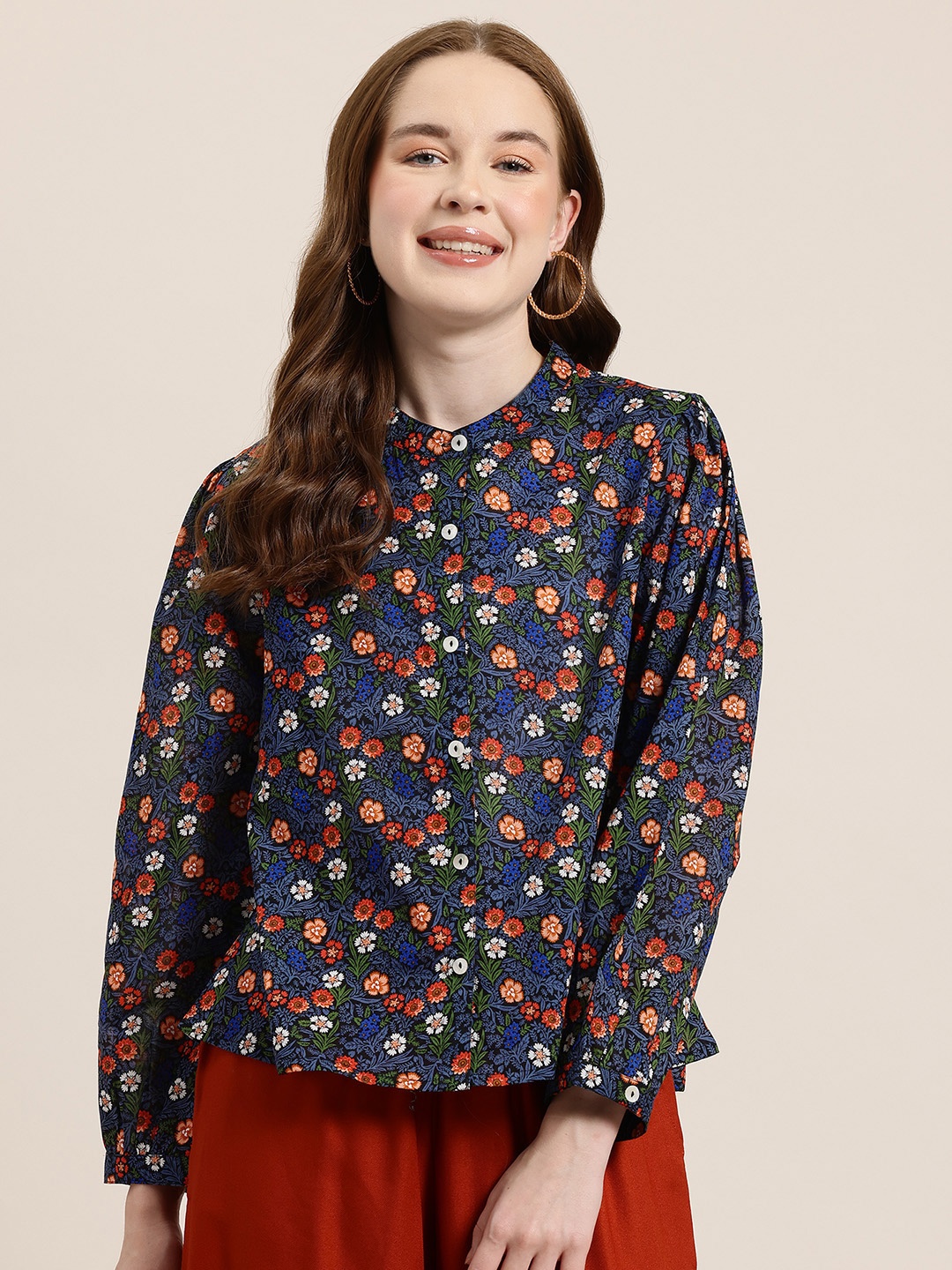 

HERE&NOW Floral Print Mandarin Collar Cotton Top, Navy blue