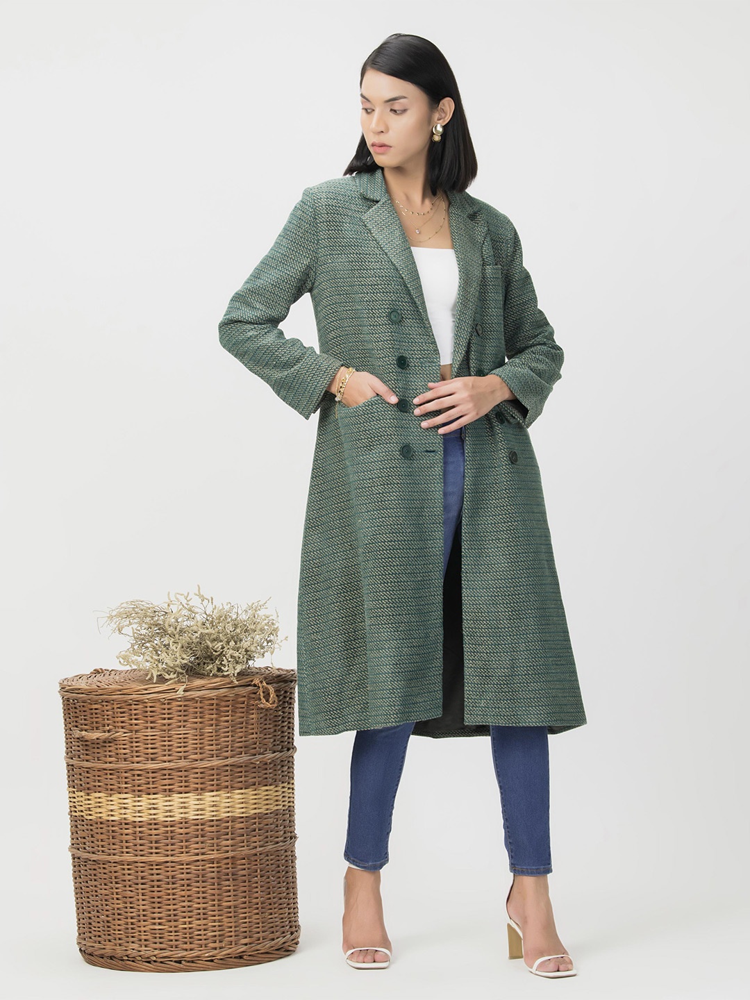 

HOUSE OF S Women Self Design Notched Lapel Overcoat, Green