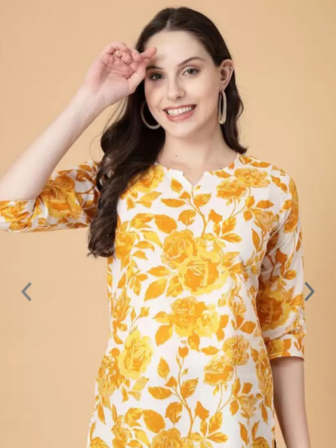 

Kairab Women Floral Printed Round Neck Tunic, Yellow