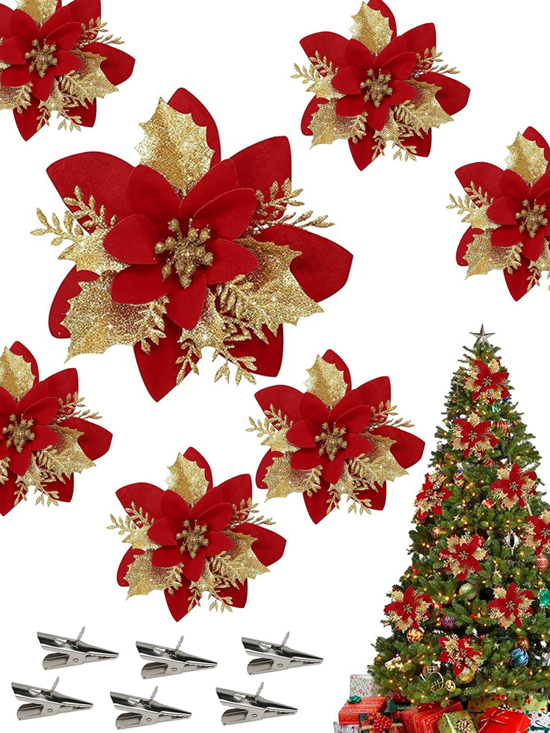 

TIED RIBBONS 6-Pcs Christmas Decoration Artificial Poinsettia Flowers With Clip, Red