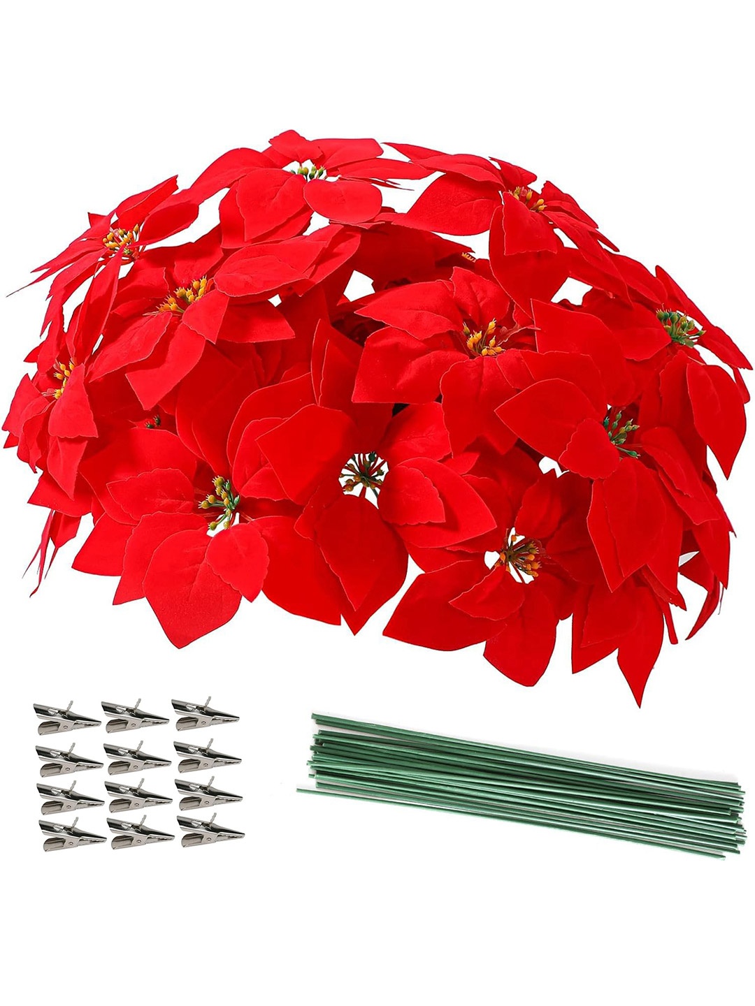 

TIED RIBBONS Set of 12 Red Artificial Poinsettia Flower With Clip Stick