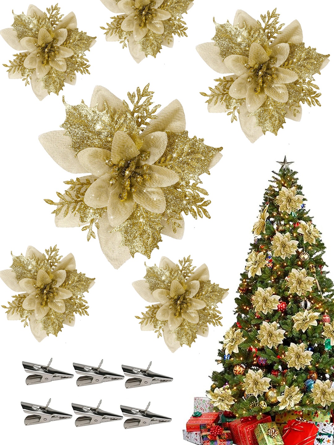 

TIED RIBBONS 6-Pcs Beige Christmas Decoration Artificial Poinsettia Flower With Clip, Gold