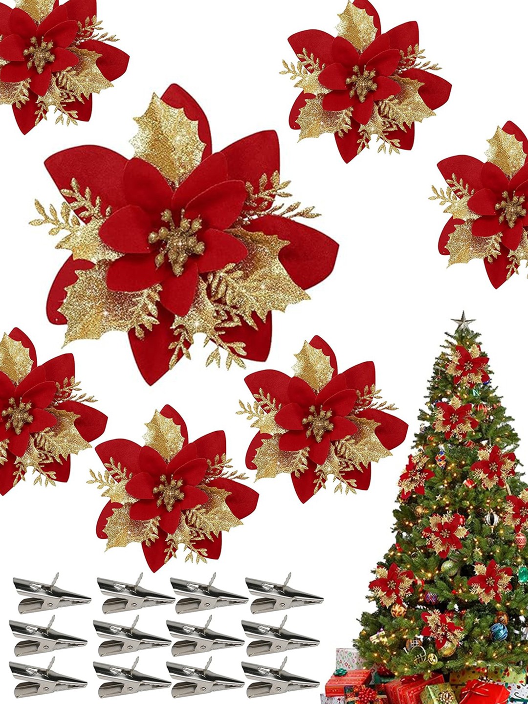 

TIED RIBBONS Set Of 12 Artificial Poinsettia Flower With Clip Festive Decor, Red