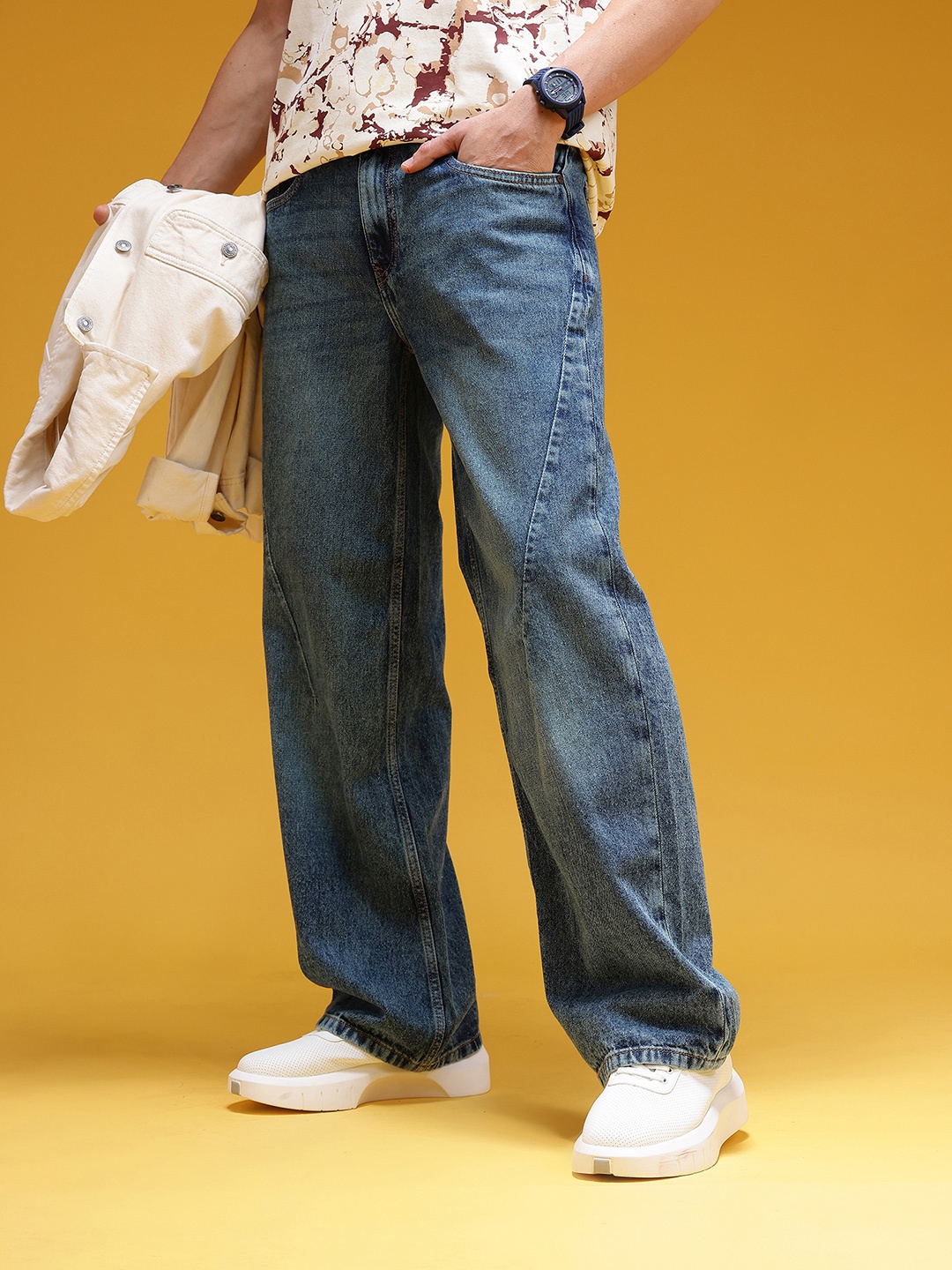 

HERE&NOW Men Mid Rise Pure Cotton Baggy Fit Jeans, Blue