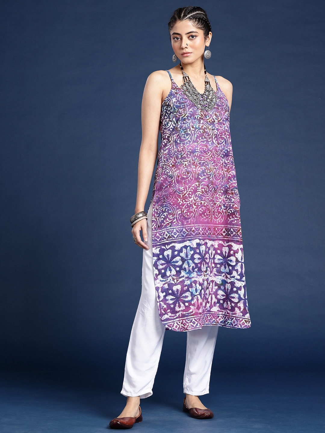 

Taavi Rangeen Dabu Indie Florals Printed A-Line Pure Cotton Kurta, Purple